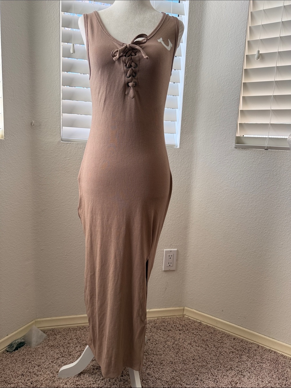 True Religion Ribbed Lace-Up Maxi Dress in Taupe